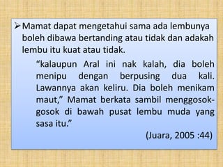 Mamat dapat mengetahui sama ada lembunya
boleh dibawa bertanding atau tidak dan adakah
lembu itu kuat atau tidak.
“kalaupun Aral ini nak kalah, dia boleh
menipu dengan berpusing dua kali.
Lawannya akan keliru. Dia boleh menikam
maut,” Mamat berkata sambil menggosok-
gosok di bawah pusat lembu muda yang
sasa itu.”
(Juara, 2005 :44)
 