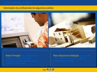 AÇÕES ESTRUTURAIS
Valorização dos profissionais de segurança pública




  Bolsa Formação para policiais civis e          Plano Nacional de Habitação para policiais
  militares, guardas municipais,                 civis e militares, bombeiros , agentes
  bombeiros, agentes penitenciários e            penitenciários e peritos
  peritos de baixa renda
 