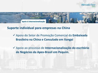 Suporte individual para empresas na China

    Apoio do Setor de Promoção Comercial da Embaixada
     Brasileira na China e Consulado em Xangai

    Apoio ao processo de Internacionalização do escritório
     de Negócios da Apex-Brasil em Pequim.
 