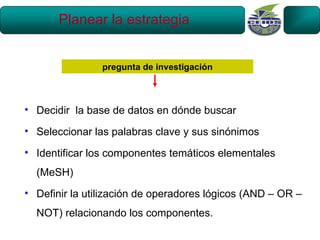 Planear la estrategia


                pregunta de investigación



• Decidir la base de datos en dónde buscar

• Seleccionar las palabras clave y sus sinónimos

• Identificar los componentes temáticos elementales
  (
  (MeSH)
• Definir la utilización de operadores lógicos (AND – OR –
  NOT) relacionando los componentes.
 