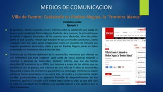 MEDIOS DE COMUNICACION
 El periódico Zócalo (periódico local ) informa sobre la catástrofe que acaba de
ocurrir en la ciudad de Piedras Negras Coahuila, da a conocer la entrevista que
le realizo a algunos habitantes de las colonias mas afectadas, ellos describen
como es que sucedió, relatan que estaban en sus actividades cotidianas , como
cualquier otro día, pero jamás imaginarían como en cuestión de minutos sus
hogares quedarían destruidos, dado a que en Piedras Negras jamás se había
presentado un fenómeno natural de este tipo.
 También da un informe detallado de lo acontecido, menciona que vientos de
240 kilómetros por hora azotaron gran parte de varias colonias dejando 3
muertos y decenas de lesionados, también informa que ese día fueron
atendidas 87 pacientes en el IMSS, por lesiones a causa de los vidrios que se
estrellaron con el granizo, nos informa de una niña de 4 años se encontraba
muy grave a causa de una lamina que perforo su estomago; mientras su madre
conducía fueron levantadas en su auto,( ella , la madre y su hermanita recién
nacida), produciéndole a la pequeña Michelle el desprendimiento de sus
intestinos, gracias a la acción de la madre logro salvar su vida, ya que ella tuvo
el valor de introducir los intestinos a su cavidad natural y eso ayudo a que la
niña sobreviviera.
Periódico zócalo
Ejemplo 1
 