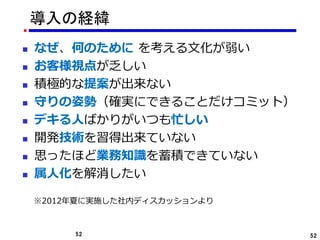 52 52
 なぜ、何のために を考える文化が弱い
 お客様視点が乏しい
 積極的な提案が出来ない
 守りの姿勢（確実にできることだけコミット）
 デキる人ばかりがいつも忙しい
 開発技術を習得出来ていない
 思ったほど業務知識を蓄積できていない
 属人化を解消したい
※2012年夏に実施した社内ディスカッションより
導入の経緯
 