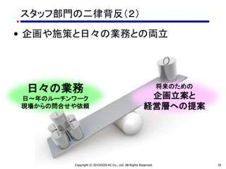 スタッフ部門の二律背反（２）
• 企画や施策と日々の業務との両立
Copyright © 2015OGIS-RI Co., Ltd. All Rights Reserved. 10
日々の業務
日～年のルーチンワーク
現場からの問合せや依頼
将来のための
企画立案と
経営層への提案
 