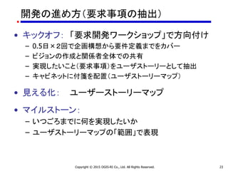 開発の進め方（要求事項の抽出）
• キックオフ： 「要求開発ワークショップ」で方向付け
– 0.5日×２回で企画構想から要件定義までをカバー
– ビジョンの作成と関係者全体での共有
– 実現したいこと（要求事項）をユーザストーリーとして抽出
– キャビネットに付箋を配置（ユーザストーリーマップ）
• 見える化： ユーザーストーリーマップ
• マイルストーン：
– いつごろまでに何を実現したいか
– ユーザストーリーマップの「範囲」で表現
Copyright © 2015 OGIS-RI Co., Ltd. All Rights Reserved. 23
 