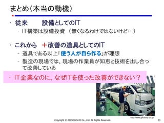 まとめ（本当の動機）
Copyright © 2015OGIS-RI Co., Ltd. All Rights Reserved. 33
• 従来 設備としてのＩＴ
– ＩＴ構築は設備投資 （無くなるわけではないけど…）
• これから ＋改善の道具としてのＩＴ
– 道具である以上「使う人が自ら作る」が理想
– 製造の現場では、現場の作業員が知恵と技術を出し合っ
て改善している
• ＩＴ企業なのに、なぜＩＴを使った改善ができない？
http://www.gifubody.co.jp/
 