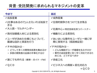 背景：受託開発に求められるマネジメントの変革
Copyright © 2015 OGIS-RI Co., Ltd. All Rights Reserved. 5
今まで 最近
成長産業 成熟産業
(仕事はあるので)人さえいれば成長で
きる
大人数・マルチベンダー
圧倒的競争力をつけて生き残る
社員中心＋特定技術を持つパートナー
高付加価値人材による差別化 機動力による差別化
ユーザが決めた仕様にもとづいて、
最適な設計と実装を行う
あいまいな要件をユーザと一緒に早
期に実現する（仮説検証型）
ＰＭの悩みは…
• どうして多くの開発技術者を集めるか
• 多数の開発者の品質の平準化するか
ＰＭの悩みは…
• どんな機能がユーザ価値を生みすのか
• 要件の追加変更に安く早く対応できるた
めには、どうするべきか
誰にでも作れる（標準・ガイド・FW） 多能工化
ＱＣＤ ビジネスへの貢献＋変化対応力
＋ＱＣＤ
 