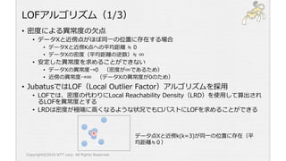 LOFアルゴリズム（1/3）
• 密度による異常度の欠点
• データXと近傍点がほぼ同一の位置に存在する場合
• データXと近傍K点への平均距離 ≒ 0
• データXの密度（平均距離の逆数）≒ ∞
• 安定した異常度を求めることができない
• データXの異常度→0 （密度が∞であるため）
• 近傍の異常度→∞ （データXの異常度が0のため）
• JubatusではLOF（Local Outlier Factor）アルゴリズムを採用
• LOFでは、密度の代わりにLocal Reachability Density（LRD）を使用して算出され
るLOFを異常度とする
• LRDは密度が極端に高くなるような状況でもロバストにLOFを求めることができる
X
データ点Xと近傍k(k=3)が同一の位置に存在（平
均距離≒０）
Copyright©2016 NTT corp. All Rights Reserved.
 