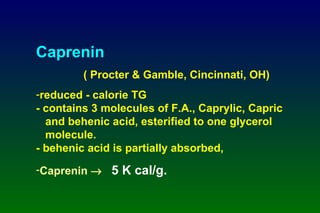 Caprenin ( Procter & Gamble, Cincinnati, OH) reduced - calorie TG - contains 3 molecules of F.A., Caprylic, Capric    and behenic acid, esterified to one glycerol    molecule. - behenic acid is partially absorbed,  Caprenin     5 K cal/g. 