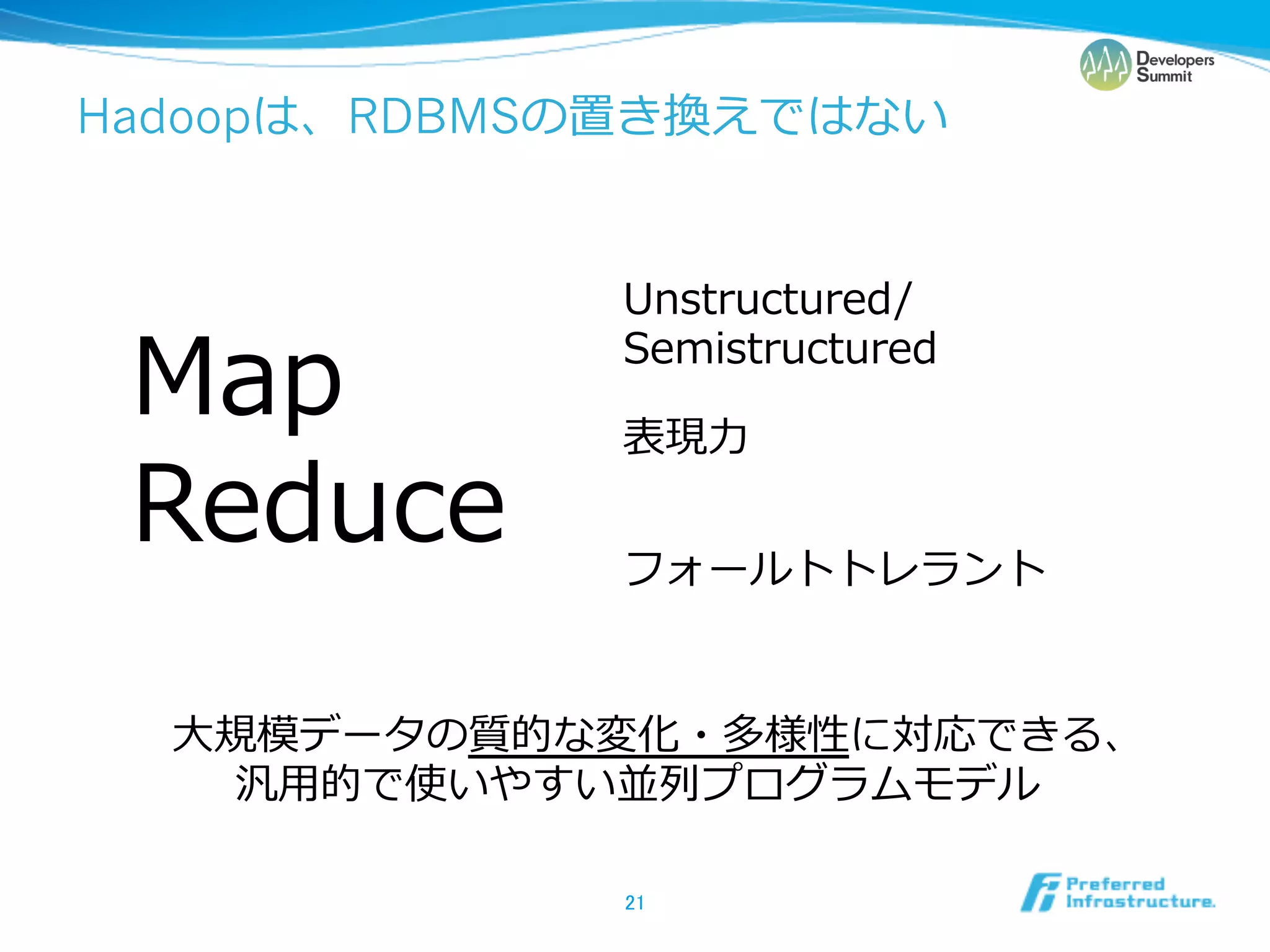Hadoop        RDBMS




                           ⼒力力




   ⼤大
         ⽤用

                      	
 