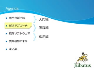Agenda
l 

異異常検知とは

l 

解決アプローチ

l 

既存ソフトウェア

l 

異異常検知の未来

l 

まとめ

｝
｝
｝

⼊入⾨門編
実践編

応⽤用編

 