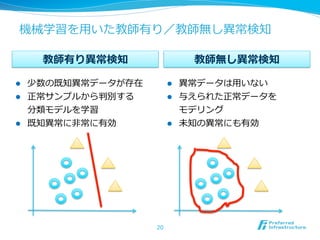 機械学習を⽤用いた教師有り／教師無し異異常検知
教師有り異異常検知
l 
l 

l 

教師無し異異常検知

少数の既知異異常データが存在
正常サンプルから判別する
分類モデルを学習
既知異異常に⾮非常に有効

l 
l 

l 

20

異異常データは⽤用いない
与えられた正常データを
モデリング
未知の異異常にも有効

 