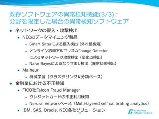 既存ソフトウェアの異異常検知機能(3/3)：
分野を限定した場合の異異常検知ソフトウェア
l 

ネットワークの侵⼊入・攻撃検出
l 

NECのデータマイニング製品
l 

Smart Sifterによる侵⼊入検出（外れ値検知）

l 

オンライン忘却アルゴリズムChange Detector
によるネットワーク攻撃検出（変化点検出）

l 

l 

Malheur
l 

l 

Naïve Bayesによるなりすまし検出（異異常状態検出）

機械学習（クラスタリング＆分類ベース）

⾦金金融業における不不正検知
l 

FICO社Falcon Fraud Manager
l 
l 

l 

クレジットカードの不不正利利⽤用検知
Nerural networkベース（Multi-layered self-calibrating analytics）

IBM, SAS, Oracle, NEC各社ソリューション
30

 