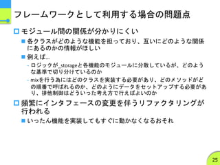 フレームワークとして利用する場合の問題点
 モジュール間の関係が分かりにくい
 各クラスがどのような機能を担っており、互いにどのような関係
にあるのかの情報がほしい
 例えば…
- ロジックが_storageと各機能のモジュールに分散しているが、どのよう
な基準で切り分けているのか
- mixを行う為にはどのクラスを実装する必要があり、どのメソッドがど
の順番で呼ばれるのか、どのようにデータをセットアップする必要があ
り、排他制御はどういった考え方で行えばよいのか
 頻繁にインタフェースの変更を伴うリファクタリングが
行われる
 いったん機能を実装してもすぐに動かなくなるおそれ
25
 