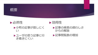 概要
 必然性
小町の記事が探しにく
い
ユーザの思う記事に行
き着きにくい
 効用性
記事の検索の煩わしさ
からの解放
記事閲覧数の増加
 