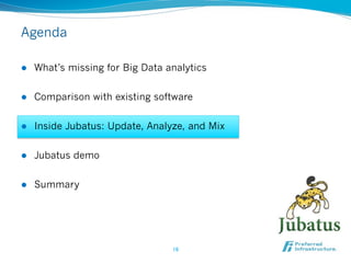 Solution: Loose model sharing

l  Jubatus only shares the local models in a loose manner
     l  Model size << Data size

l  Jubatus DOES NOT share datasets
     l  Unique approach compared to existing framework

l  Local models can be different on the servers
     l  Different models will be gradually merged




                  Model      Model       Model




                  Mixed      Mixed       Mixed
                  model      model       model
 