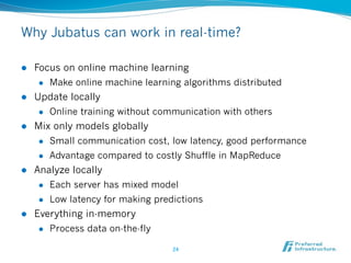 Demo: Twitter analysis using natural language
processing and machine learning
Jubatus classifies each tweet from Twitter data stream into pre-defined
categories. Only one Jubatus server is enough to classify over 5,000 QPS,
which is close to the raw Twitter data. We provide a browser-based GUI.




                                   24	
 