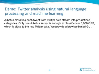 Agenda

l    What’s missing for Big Data analytics


l    Comparison with existing software


l    Inside Jubatus: Update, Analyze, and Mix


l    Jubatus demo


l    Summary




                                   26	
 