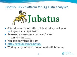 Increasing demand in Big Data applications:
    Real-time deeper analysis
    l  Current focus: aggregation and rule processing on bigger data
         l  CEP (Complex Event Processing) for real-time processing

         l  Hadoop/MapReduce for distributed computation

    l  Future: deeper analysis for rapid decisions and actions
         l  Ex. 1: Defect detection on NY power grid [Rubin+,TPAMI2012]

         l  Ex. 2: Proactive algorithmic trading [ComputerWorldUK, 2011]


Data size	

                                                               What will
                                        Hadoop                  come?
                  CEP
                                                                        Deep
    Reference：http://web.mit.edu/rudin/www/TPAMIPreprint.pdf 
                                             5	
                        analysis	
        
    
http://www.computerworlduk.com/news/networking/3302464/
        
	
 