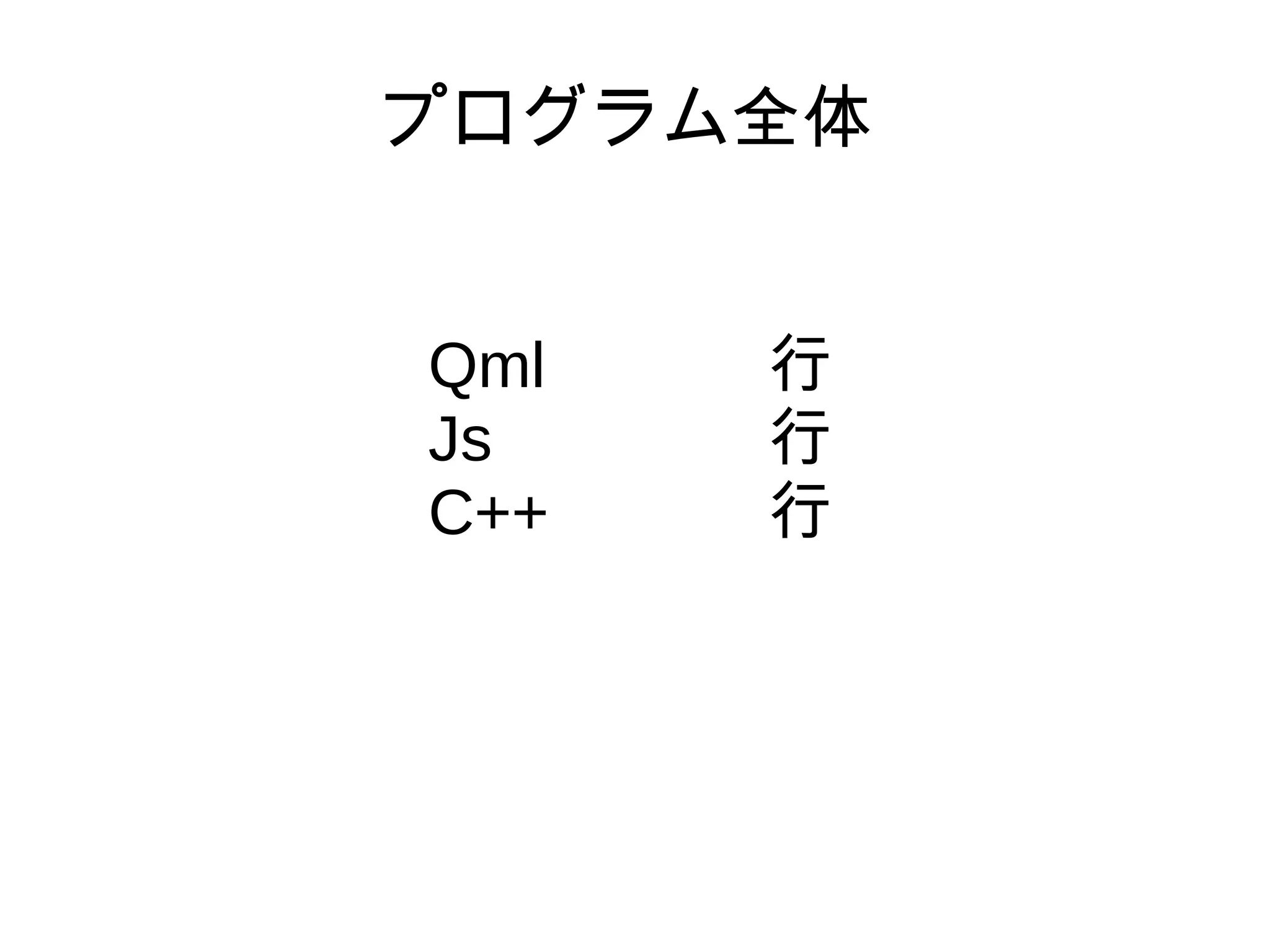プログラム全体
Qml 　 行
Js 　　 行
C++ 行
 