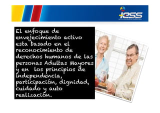 El enfoque de
envejecimiento activo
esta basado en el
reconocimiento de
derechos humanos de las
personas Adultas Mayores
y en los principios de
independencia,
participación, dignidad,
cuidado y auto
realización.

 