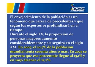 El	
  envejecimiento	
  de	
  la	
  población	
  es	
  un	
  
fenómeno	
  que	
  carece	
  de	
  precedentes	
  y	
  que	
  
según	
  los	
  expertos	
  se	
  profundizará	
  en	
  el	
  
tiempo.	
  
Durante	
  el	
  siglo	
  XX,	
  la	
  proporción	
  de	
  
personas	
  mayores	
  aumentó	
  
considerablemente	
  y	
  así	
  seguirá	
  en	
  el	
  siglo	
  
XXI.	
  En	
  2007,	
  el	
  10,7%	
  de	
  la	
  población	
  
mundial	
  tenía	
  sesenta	
  años	
  o	
  más.	
  En	
  2025	
  se	
  
proyecta	
  que	
  ese	
  porcentaje	
  llegue	
  al	
  15,1%	
  y	
  
en	
  2050	
  alcance	
  el	
  21,7%.	
  
	
  

 