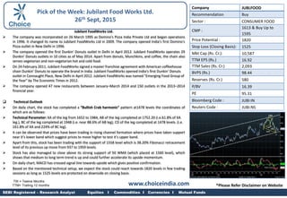 Jubilant FoodWorks Ltd.
 The company was incorporated on 26 March 1995 as Domino's Pizza India Private Ltd and began operations
in 1996. It changed its name to Jubilant FoodWorks Ltd in 2009. The company opened India's first Domino's
Pizza outlet in New Delhi in 1996.
 The company opened the first Dunkin' Donuts outlet in Delhi in April 2012. Jubilant FoodWorks operates 29
Dunkin' Donuts outlets in 10 cities as of May 2014. Apart from donuts, Munchkins, and coffee, the chain also
serves vegetarian and non-vegetarian hot and cold food.
 On 24 February 2011, Jubilant FoodWorks signed a master franchise agreement with American coffeehouse
chain Dunkin' Donuts to operate the brand in India. Jubilant FoodWorks opened India's first Dunkin' Donuts
outlet in Connaught Place, New Delhi in April 2012. Jubilant FoodWorks was named "Emerging Food Group of
the Year" by The Economic Times in 2012.
 The company opened 47 new restaurants between January–March 2014 and 150 outlets in the 2013–2014
financial year.
 Technical Outlook
 On daily chart, the stock has completed a “Bullish Crab harmonic” pattern at1478 levels the coordinates of
which are as follows:
 Technical Parameter: XA of the leg from 1652 to 1984, AB of the leg completed at 1752.20 (i.e.61.8% of XA
leg.), BC of the leg completed at 1948 (i.e. near 88.6% of AB leg), CD of the leg completed at 1478 levels. (i.e.
161.8% of XA and 224% of BC leg).
 It can be observed that prices have been trading in rising channel formation where prices have taken support
near it’s lower band which suggest prices to move higher to test it’s upper band.
 Apart from this, stock has been trading with the support of 1558 level which is 38.20% Fibonacci retracement
level of its previous up move from 937 to 1959 levels.
 Stock has also managed to close above its strong support of 50 WMA (which placed at 1560 level), which
shows that medium to long term trend is up and could further accelerate its upside momentum.
 On daily chart, MACD has crossed signal line towards upside which gives positive confirmation.
 Based on the mentioned technical setup, we expect the stock could reach towards 1820 levels in few trading
sessions as long as 1525 levels are protected on downside on closing basis.
Company JUBLFOOD
Recommendation Buy
Sector : CONSUMER FOOD
CMP :
1613 & Buy Up to
1595
Price Potential : 1820
Stop Loss (Closing Basis): 1525
Mkt Cap (Rs. Cr.): 10,587
TTM EPS (Rs.) 16.92
TTM Sales (Rs. Cr.) 2,093
BVPS (Rs.) 98.44
Reserves (Rs. Cr.) 580
P/BV 16.39
PE 95.31
Bloomberg Code : JUBI:IN
Reuters Code : JUBI:NS
TW = Twelve Months
TTM= Trailing 12 months
SEBI Registered – Research Analyst Equities I Commodities I Currencies I Mutual Funds
Pick of the Week: Jubilant Food Works Ltd.
26th Sept, 2015
www.choiceindia.com *Please Refer Disclaimer on Website
 