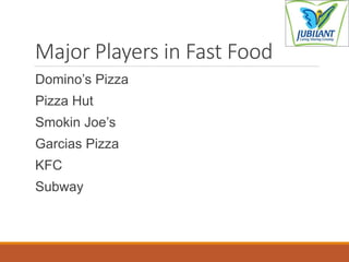 Major Players in Fast Food
Domino’s Pizza
Pizza Hut
Smokin Joe’s
Garcias Pizza
KFC
Subway
 