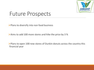 Future Prospects
Plans to diversify into non food business
Aims to add 100 more stores and hike the price by 3 %
Plans to open 100 new stores of Dunkin donuts across the country this
financial year
 