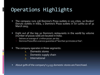 Operations Highlights
 The company runs 576 Domino's Pizza outlets in 123 cities, 10 Dunkin'
Donuts outlets in India, 2 Domino's Pizza outlets in Sri Lanka as of 31
March 2013.
 Eight out of the top 10 Domino's restaurants in the world by volume
(number of pizzas sold) are located in India.
 Delivers an average of 1 million pizzas per day.
 Dominos Pizza offers a service guarantee of "less than 30 minutes or free".
 The company operates in three segments:
1. Domestic stores
2. Domestic supply chain
3. International
 About 90% of the company's 5,155 domestic stores are franchised.
 