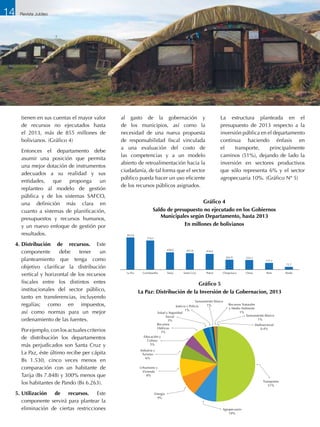 tienen en sus cuentas el mayor valor
de recursos no ejecutados hasta
el 2013, más de 855 millones de
bolivianos. (Gráfico 4)
	 Entonces el departamento debe
asumir una posición que permita
una mejor dotación de instrumentos
adecuados a su realidad y sus
entidades, que proponga un
replanteo al modelo de gestión
pública y de los sistemas SAFCO,
una definición más clara en
cuanto a sistemas de planificación,
presupuestos y recursos humanos,
y un nuevo enfoque de gestión por
resultados.
4.	Distribución de recursos. Este
componente debe tener un
planteamiento que tenga como
objetivo clarificar la distribución
vertical y horizontal de los recursos
fiscales entre los distintos entes
institucionales del sector público,
tanto en transferencias, incluyendo
regalías; como en impuestos,
así como normas para un mejor
ordenamiento de las fuentes.
	 Porejemplo,conlosactualescriterios
de distribución los departamentos
más perjudicados son Santa Cruz y
La Paz, éste último recibe per cápita
Bs 1.530, cinco veces menos en
comparación con un habitante de
Tarija (Bs 7.848) y 300% menos que
los habitantes de Pando (Bs 6.263).
5.	Utilización de recursos. Este
componente servirá para plantear la
eliminación de ciertas restricciones
al gasto de la gobernación y
de los municipios, así como la
necesidad de una nueva propuesta
de responsabilidad fiscal vinculada
a una evaluación del costo de
las competencias y a un modelo
abierto de retroalimentación hacia la
ciudadanía, de tal forma que el sector
público pueda hacer un uso eficiente
de los recursos públicos asignados.
	 La estructura planteada en el
presupuesto de 2013 respecto a la
inversión pública en el departamento
continua haciendo énfasis en
el transporte, principalmente
caminos (51%), dejando de lado la
inversión en sectores productivos
que sólo representa 6% y el sector
agropecuaria 10%. (Gráfico Nº 5)
Gráfico 5
La Paz: Distribución de la Inversión de la Gobernacion, 2013
Agropecuario
10%
Transportes
51%
Energía
9%
Urbanismo y
Vivienda
8%
Industria y
Turismo
6%
Educación y
Cultura
5%
Recursos
Hídricos
5%
Salud y Seguridad
Social
3%
Justicia y Policía
1%
Saneamiento Básico
1% Recursos Naturales
y Medio Ambiente
1%
Saneamiento Básico
1%
Multisectorial
0,4%
Gráfico 4
Saldo de presupuesto no ejecutado en los Gobiernos
Municipales según Departamento, hasta 2013
En millones de bolivianos
855,8
774,1
458,0 437,0 418,4
262,9 255,2
177,1
72,7
La Paz Cochabamba Tarija Santa Cruz Potosí Chuquisaca Oruro Beni Pando
14 Revista Jubileo
 