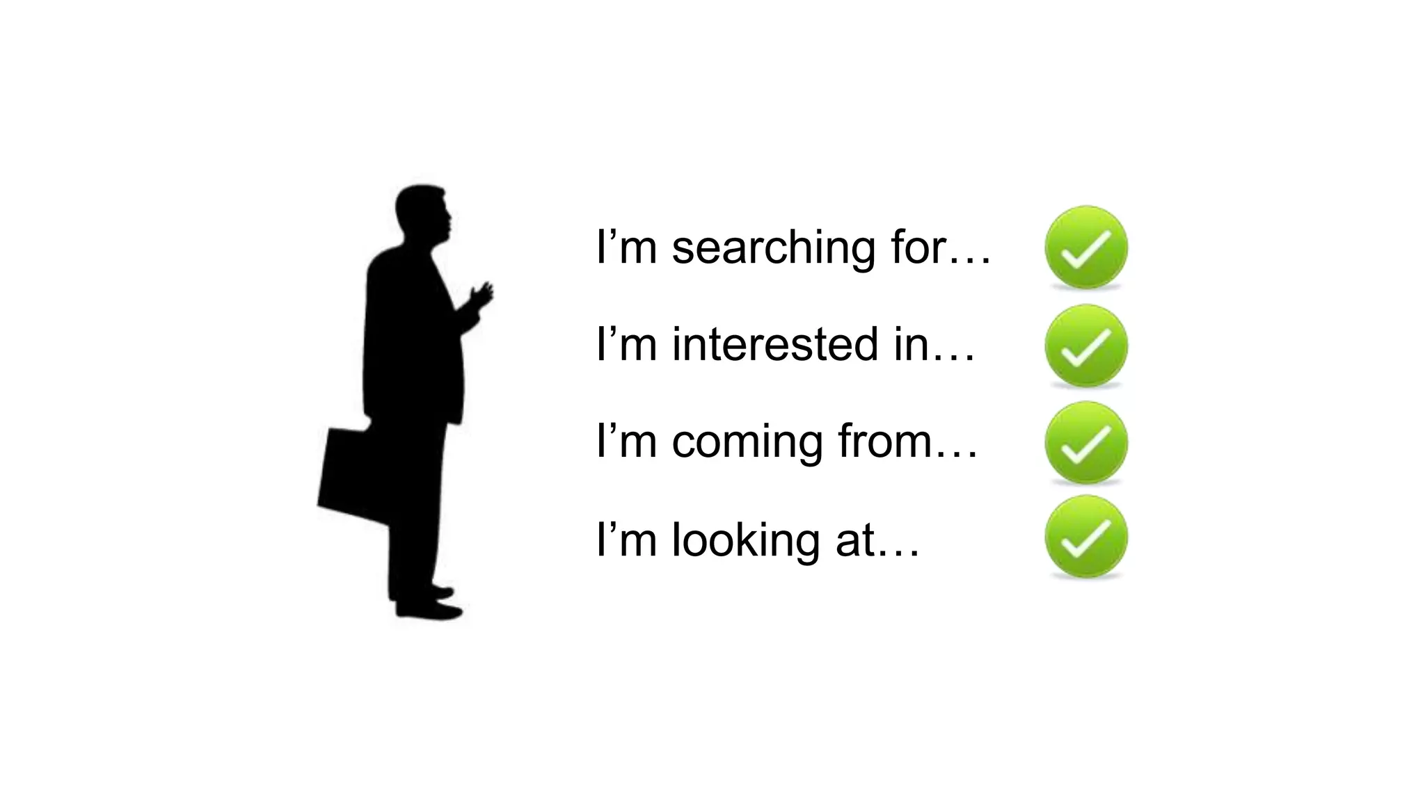 I’m searching for…
I’m interested in…
I’m coming from…
I’m looking at…
 