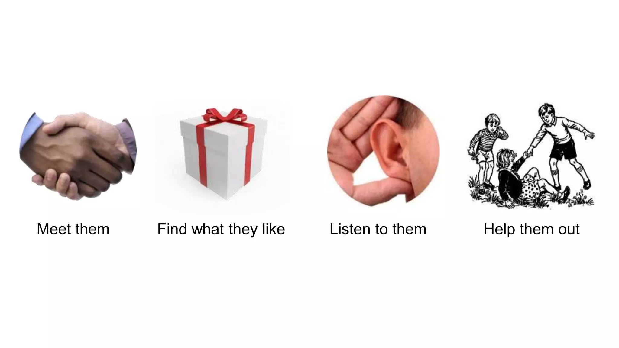 Meet them Find what they like Listen to them Help them out
 