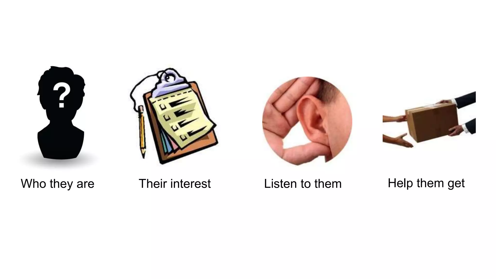 Who they are Listen to themTheir interest Help them get
 