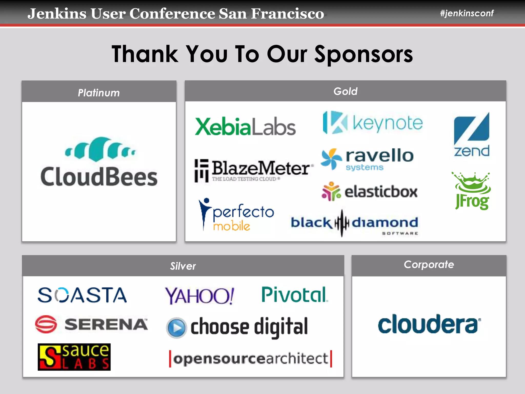 Jenkins User Conference San Francisco #jenkinsconf 
Thank You To Our Sponsors 
Platinum Gold 
Silver Corporate 
