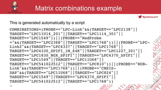 #jenkinsconf
Matrix combinations example
This is generated automatically by a script
COMBINATIONS=(PROBE=="LPC-Link"&&(TAR...