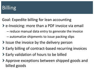 Goal: Expedite billing for lean accounting
e-Invoicing: more than a PDF invoice via email
– reduce manual data entry to generate the invoice
– automatize shipments to issue packing slips
Issue the invoice by the delivery person
Early billing of contract-based recurring invoices
Early validation of hours to be billed
Approve exceptions between shipped goods and
billed goods
Billing
 
