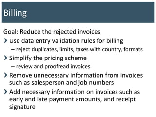 Goal: Reduce the rejected invoices
Use data entry validation rules for billing
– reject duplicates, limits, taxes with country, formats
Simplify the pricing scheme
– review and proofread invoices
Remove unnecessary information from invoices
such as salesperson and job numbers
Add necessary information on invoices such as
early and late payment amounts, and receipt
signature
Billing
 
