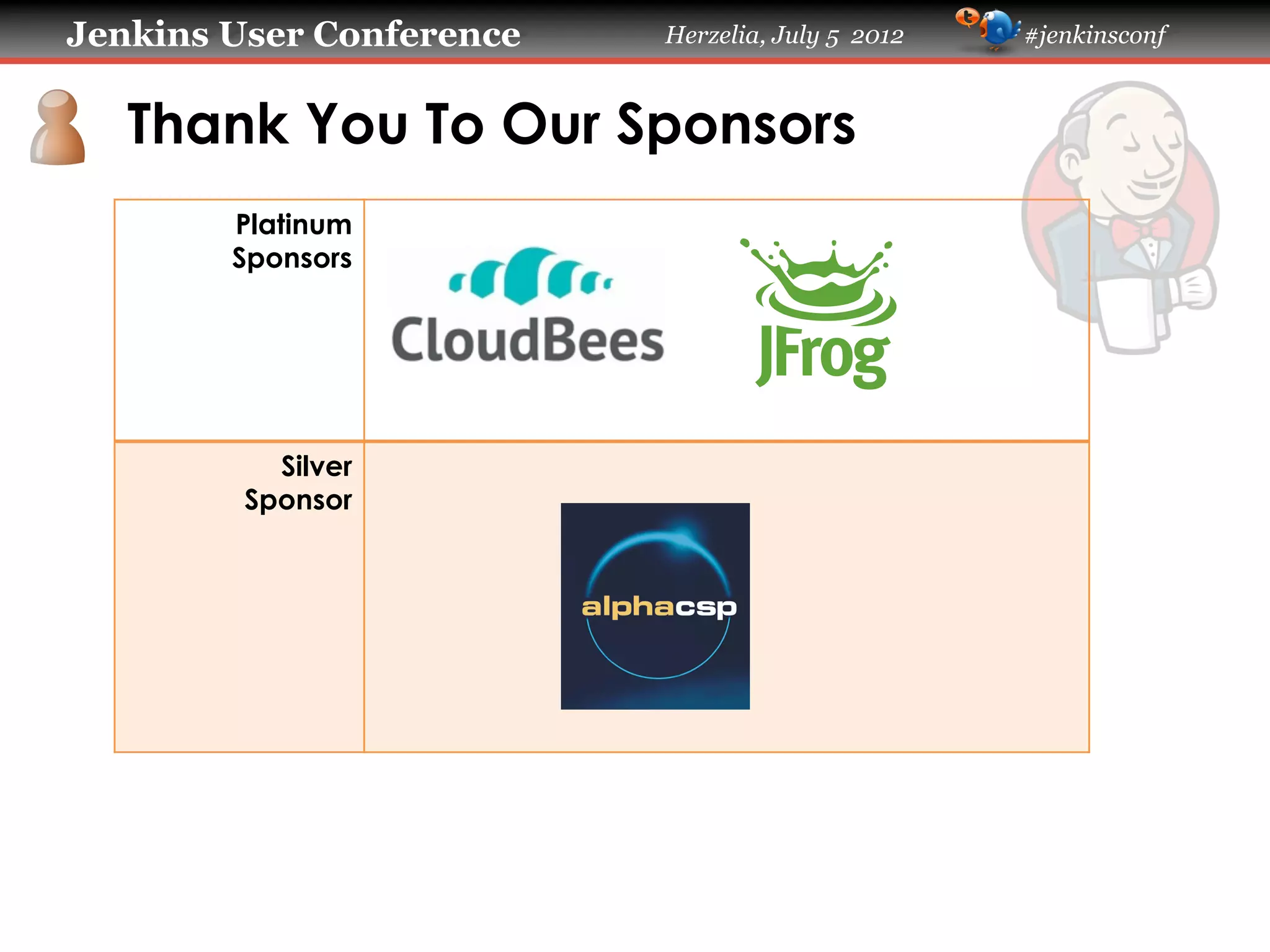 Jenkins User Conference

Herzelia, July 5 2012

Thank You To Our Sponsors
Platinum
Sponsors

Silver
Sponsor

#jenkinsconf

 