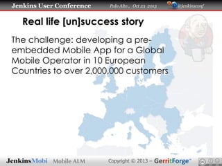 Jenkins User Conference

Palo Alto , Oct 23 2013

Real life [un]success story
The challenge: developing a preembedded Mobile App for a Global
Mobile Operator in 10 European
Countries to over 2,000,000 customers

Copyright © 2013 –

@jenkinsconf

 