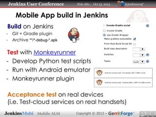 Jenkins User Conference

Palo Alto , Oct 23 2013

@jenkinsconf

Mobile App build in Jenkins
Build on Jenkins
-

Git + Gradle plugin
Archive **/*-debug-*.apk

Test with Monkeyrunner
- Develop Python test scripts
- Run with Android emulator
- Monkeyrunner plugin
Acceptance test on real devices
(i.e. Test-cloud services on real handsets)
Copyright © 2013 –

 