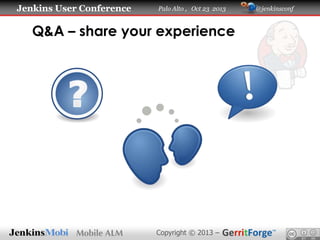 Jenkins User Conference

Palo Alto , Oct 23 2013

Q&A – share your experience

Copyright © 2013 –

@jenkinsconf

 