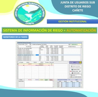GESTIÓN INSTITUCIONAL 
SISTEMA DE INFORMACIÓN DE RIEGO = AUTOMATIZACIÓN 
MONITOREO DE LA TARIFA 
 
