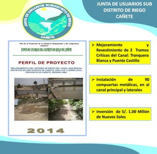  Mejoramiento y 
Revestimiento de 2 Tramos 
Críticos del Canal: Tranquera 
Blanca y Puente Castillo 
 Instalación de 90 
compuertas metálicas, en al 
canal principal y laterales 
 Inversión de S/. 1.00 Millón 
de Nuevos Soles 
 