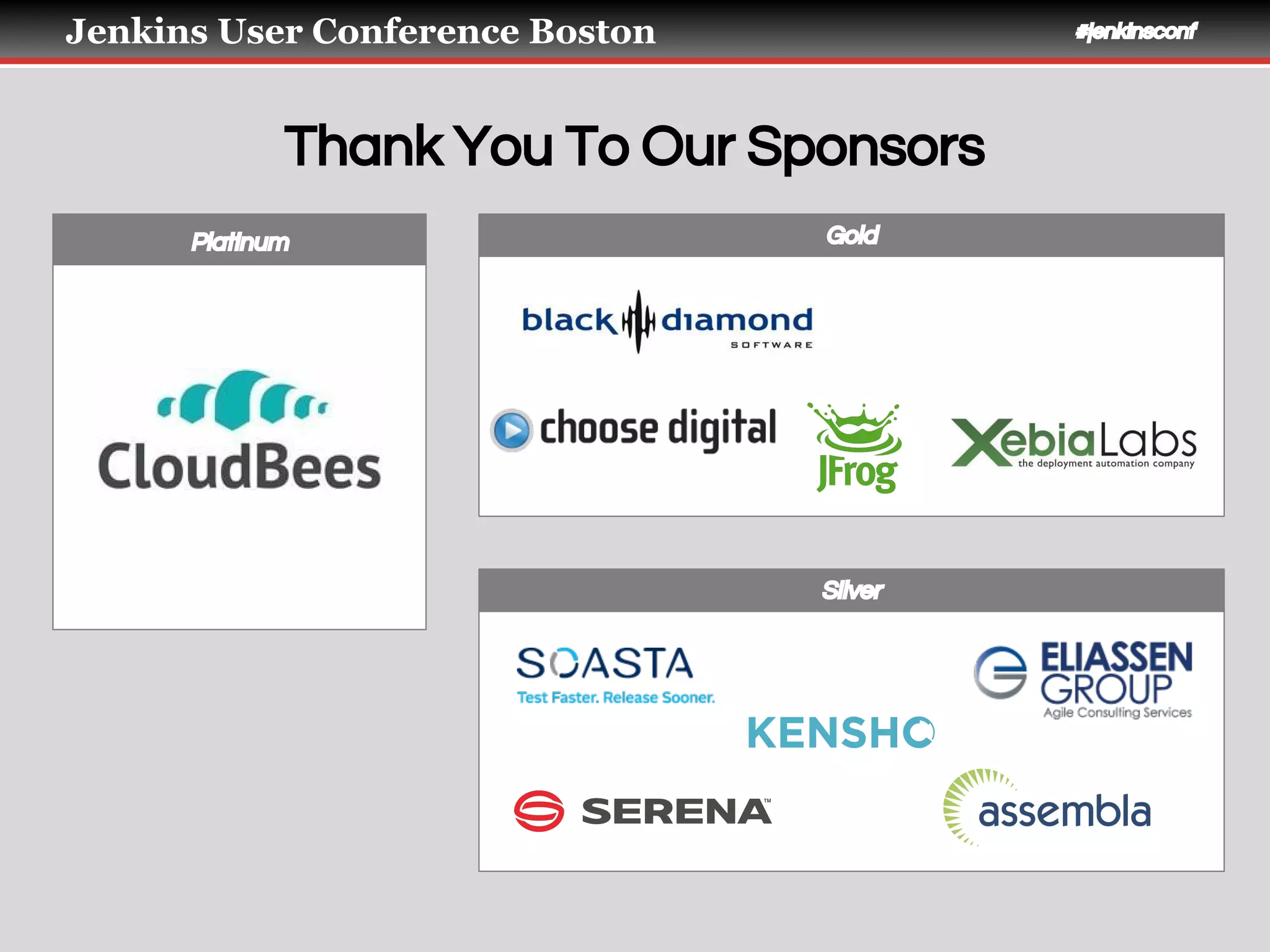 Jenkins User Conference Boston #jenkinsconf
Thank You To Our Sponsors
Platinum Gold
Silver
 