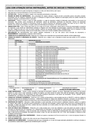 INSTRUÇÕES DE PREENCHIMENTO DO REQUERIMENTO DE EMPRESÁRIO
LEIA COM ATENÇÃO ESTAS INSTRUÇÕES, ANTES DE INICIAR O PREENCHIMENTO.
1 - Preencher o formulário em quatro vias legíveis, à máquina ou à mão, com letra de forma, sem rasura.
2 - Não preencher os campos destinados a uso da Junta Comercial.
3 - ESTADO CIVIL – Declarar se é solteiro, casado, viúvo, separado judicialmente ou divorciado.
4 - REGIME DE BENS DO EMPRESÁRIO – Se o empresário for casado, declarar o regime de bens (comunhão parcial, comunhão universal,
participação final nos aqüestos, separação de bens). A alteração do regime de bens depende de autorização judicial em pedido motivado de
ambos os cônjuges, a qual deverá instruir o processo.
5 - IDENTIDADE – Indicar o número, a sigla do órgão expedidor e a sigla da respectiva unidade da federação mencionados no documento de
identidade. São aceitos como documento de identidade: cédula de identidade, certificado de reservista, carteira de identidade
profissional, Carteira de Trabalho e Previdência Social ou Carteira Nacional de Habilitação (modelo com bas e na Lei nº 9.503, de
23/9/97). Se o titular for es trangeiro, é exigida carteira de identidade de es trangeiro, c om visto permanente.
6 - EMANCIPADO POR - Caso o titular seja menor de 18 e maior de 16 anos, emancipado, deverá indicar a forma de emancipação e arquivá-la
em separado, a qual deverá ser anteriormente averbada no Registro Civil. São hipóteses de emancipação: casamento; ato judicial; concessão
dos pais; colação de grau em curso de ensino superior; exercício de emprego público efetivo; estabelecimento civil ou comercial, ou pela
existência de relação de emprego, desde que em função deles, o menor com 16 anos completos tenha economia própria.
7 - DECLARAÇÃO (de desimpedimento para exercer atividade empresária e de que não possui outra inscrição de empresário) e
REQUERIMENTO - Complementar o nome da Junta Comercial.
8 - CÓDIGO DO ATO E DESCRIÇÃO DO ATO - Preencher com o código e com a descrição do ato que está sendo praticado, conforme tabela abaixo.
9 - CÓDIGO DO EVENTO E DESCRIÇÃO DO EVENTO - Preencher com o código e com a descrição do evento que está contido no ATO, conforme
tabela abaixo.
CÓDIGO DO
ATO / EVENTO
DESCRIÇÃO DO ATO
DESCRIÇÃO DO EVENTO
080 INSCRIÇÃO
002 ALTERAÇÃO
020 ALTERAÇÃO DE NOME EMPRESARIAL
021 ALTERAÇÃO DE DADOS (EXCETO NOME EMPRESARIAL)
022 ALTERAÇÃO DE DADOS E DE NOME EMPRESARIAL
023 ABERTURA DE FILIAL NA UF DA SEDE
024 ALTERAÇÃO DE FILIAL NA UF DA SEDE
025 EXTINÇÃO DE FILIAL NA UF DA SEDE
026 ABERTURA DE FILIAL EM OUTRA UF
027 ALTERAÇÃO DE FILIAL EM OUTRA UF
028 EXTINÇÃO DE FILIAL EM OUTRA UF
029 ABERTURA DE FILIAL COM SEDE EM OUTRA UF
030 ALTERAÇÃO DE FILIAL COM SEDE EM OUTRA UF
031 EXTINÇÃO DE FILIAL COM SEDE EM OUTRA UF
032 ABERTURA DE FILIAL EM OUTRO PAÍS
033 ALTERAÇÃO DE FILIAL EM OUTRO PAÍS
034 EXTINÇÃO DE FILIAL EM OUTRO PAÍS
036 TRANSFERÊNCIA DE FILIAL PARA OUTRA UF
037 INSCRIÇÃO DE TRANSFERÊNCIA DE FILIAL DE OUTRA UF
038 TRANSFERÊNCIA DE SEDE PARA OUTRA UF
039 INSCRIÇÃO DE TRANSFERÊNCIA DE SEDE DE OUTRA UF
048 RERRATIFICAÇÃO
052 REATIVAÇÃO
961 AUTORIZAÇÃO DE TRANSFERÊNCIA DE TITULARIDADE POR SUCESSÃO
003 EXTINÇÃO
150 PROTEÇÃO DE NOME EMPRESARIAL
151 ALTERAÇÃO DE PROTEÇÃO DE NOME EMPRESARIAL
152 CANCELAMENTO DA PROTEÇÃO DE NOME EMPRESARIAL
EXEMPLO:
CÓDIGO DO ATO DESCRIÇÃO DO ATO CÓDIGO DO EVENTO DESCRIÇÃO DO EVENTO
002 ALTERAÇÃO 020 ALTERAÇÃODENOME EMPRESARIAL
10 - NOME EMPRESARIAL – Indicar o nome completo ou abreviado do empresário, aditando, se quiser, designação mais precisa de sua pessoa
(apelido ou nome como é mais conhecido) ou gênero de negócio, que deve constar do objeto. Não pode ser abreviado o último sobrenome,
nem ser excluído qualquer dos componentes do nome. Não constituem sobrenome e não podem ser abreviados: FILHO, JÚNIOR, NETO,
SOBRINHO etc., que indicam uma ordem ou relação de parentesco.
11 - CÓDIGO DE ATIVIDADE ECONÔMICA - Preencher com o código correspondente a cada atividade descrita no OBJETO, conforme a tabela de
Classificação Nacional de Atividades Econômicas – CNAE-Fiscal. Ordenar os códigos das atividades indicando a principal e as secundárias. A
atividade principal corresponde àquela que proporciona maior receita esperada (quando da inscrição) ou realizada (quando da alteração).
12 - DESCRIÇÃO DO OBJETO - Descrever o objeto (atividades a serem exercidas), de forma precisa e detalhada, indicando o gênero e a espécie
do negócio. Não podem ser inseridos termos estrangeiros na descrição das atividades, exceto quando não houver termo correspondente em
português. O objeto não poderá ser ilícito, contrário aos bons costumes ou à ordem pública. No caso de filial, vide orientação no Manual de
Atos de Registro de- Empresário.
13 - DATA DE INÍCIO DAS ATIVIDADES - Preencher com a data prevista para o início das atividades a qual não poderá ser anterior à data da
assinatura do Requerimento de Empresário. Se o Requerimento de Empresário for protocolado na Junta Comercial após 30 dias da data da
sua assinatura pelo empresário, a data da Inscrição será considerada a data do deferimento do Requerimento pela Junta Comercial e, nesse
caso, a data de início de atividades não poderá ser anterior a essa. No caso dos eventos 029, 037 e 039, vide orientação no Manual de Atos
de Registro de Empresário.
14 - ASSINATURA DA FIRMA PELO EMPRESÁRIO – Deverá ser aposta a assinatura da firma de acordo com o nome da empresa indicado no
campo nome empresarial.
15 - DATA DA ASSINATURA – Indicar o dia, mês e ano em que o Requerimento foi assinado.
16 - ASSINATURA DO EMPRESÁRIO – A assinatura deve ser a que o empresário, ou no caso de incapaz autorizado judicialmente a continuar a empresa, e
seu assistente ou representante ou gerente usa normalmente para o nome civil.
 