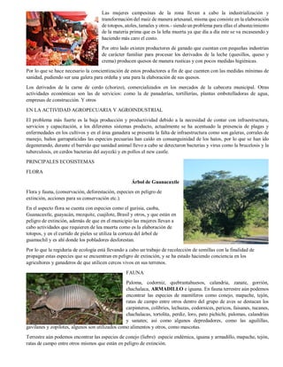Las mujeres campesinas de la zona llevan a cabo la industrialización y transformación del maíz de manera artesanal, misma que consiste en la elaboración de totopos, atoles, tamales y otros.- siendo un problema para ellas el abastecimiento de la materia prima que es la leña muerta ya que día a día este se va escaseando y haciendo más caro el costo. 
Por otro lado existen productores de ganado que cuentan con pequeñas industrias de carácter familiar para procesar los derivados de la leche (quesillos, queso y crema) producen quesos de manera rusticas y con pocos medidas higiénicas. 
Por lo que se hace necesario la concientización de estos productores a fin de que cuenten con las medidas mínimas de sanidad, pudiendo ser una galera para ordeña y una para la elaboración de sus quesos. 
Los derivados de la carne de cerdo (chorizo), comercializados en los mercados de la cabecera municipal. Otras actividades económicas son las de servicios: como la de panaderías, tortillerías, plantas embotelladoras de agua, empresas de construcción. Y otros 
EN LA ACTIVIDAD AGROPECUARIA Y AGROINDUSTRIAL 
El problema más fuerte es la baja producción y productividad debido a la necesidad de contar con infraestructura, servicios y capacitación, a los diferentes sistemas producto, actualmente se ha acentuado la presencia de plagas y enfermedades en los cultivos y en el área ganadera se presenta la falta de infraestructura como son galeras, corrales de manejo, baños garrapaticidas las especies pecuarias han caído en consanguinidad de los hatos, por lo que se han ido degenerando, durante el barrido que sanidad animal llevo a cabo se detectaron bacterias y virus como la brucelosis y la tuberculosis, en cerdos bacterias del auyezki y en pollos el new castle. 
PRINCIPALES ECOSISTEMAS 
FLORA 
Árbol de Guanacaxtle 
Flora y fauna, (conservación, deforestación, especies en peligro de extinción, acciones para su conservación etc.). 
En el aspecto flora se cuenta con especies como el gurisia, caoba, Guanacaxtle, guayacán, mezquite, cuajilote, Brasil y otros, y que están en peligro de extinción, además de que en el municipio las mujeres llevan a cabo actividades que requieren de lea muerta como es la elaboración de totopos, y en el curtido de pieles se utiliza la corteza del árbol de guamuchil y es ahí donde los pobladores desforestan. 
Por lo que la regiduría de ecología está llevando a cabo un trabajo de recolección de semillas con la finalidad de propagar estas especies que se encuentran en peligro de extinción, y se ha estado haciendo conciencia en los agricultores y ganaderos de que utilicen cercos vivos en sus terrenos. 
FAUNA 
Paloma, codorniz, quebrantahuesos, calandria, zanate, gorrión, chachalaca, ARMADILLO e iguana. En fauna terrestre aún podemos encontrar las especies de mamíferos como conejo, mapache, tejón, ratas de campo entre otros dentro del grupo de aves se destacan los carpinteros, colibríes, lechuzas, codornices, pericos, faisanes, tucanes, chachalacas, tortolita, perdiz, loro, pato pichichi, palomas, calandrias y sanates; así como algunos depredadores, como las aguilillas, gavilanes y zopilotes, algunos son utilizados como alimentos y otros, como mascotas. 
Terrestre aún podemos encontrar las especies de conejo (liebre) especie endémica, iguana y armadillo, mapache, tejón, ratas de campo entre otros mismos que están en peligro de extinción. 
 