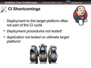 Jenkins User Conference   New York, May 17 2012   #jenkinsconf



      CI Shortcomings

•
     Deployment to the target platform often
     not part of the CI cycle
➔
     Deployment procedures not tested!
➔
     Application not tested on ultimate target
     platform!
 