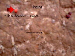 Point Exact location in space. Symbol for point. 