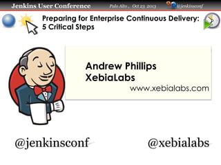 Jenkins User Conference

Palo Alto , Oct 23 2013

@jenkinsconf

Preparing for Enterprise Continuous Delivery:
5 Critical Steps

Andrew Phillips
XebiaLabs

www.xebialabs.com

@jenkinsconf

@xebialabs

 