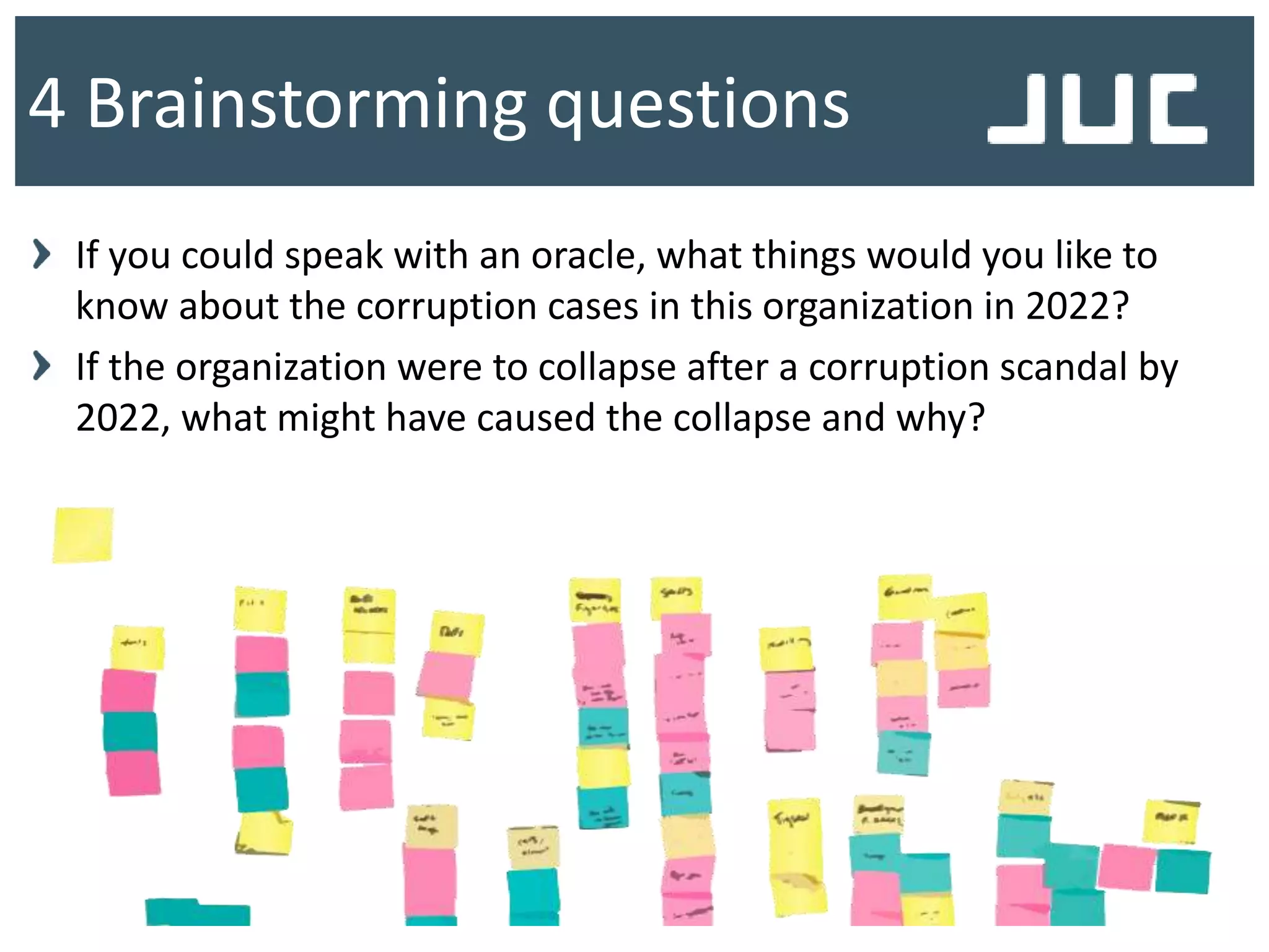 If you could speak with an oracle, what things would you like to
know about the corruption cases in this organization in 2022?
If the organization were to collapse after a corruption scandal by
2022, what might have caused the collapse and why?
4 Brainstorming questions
 